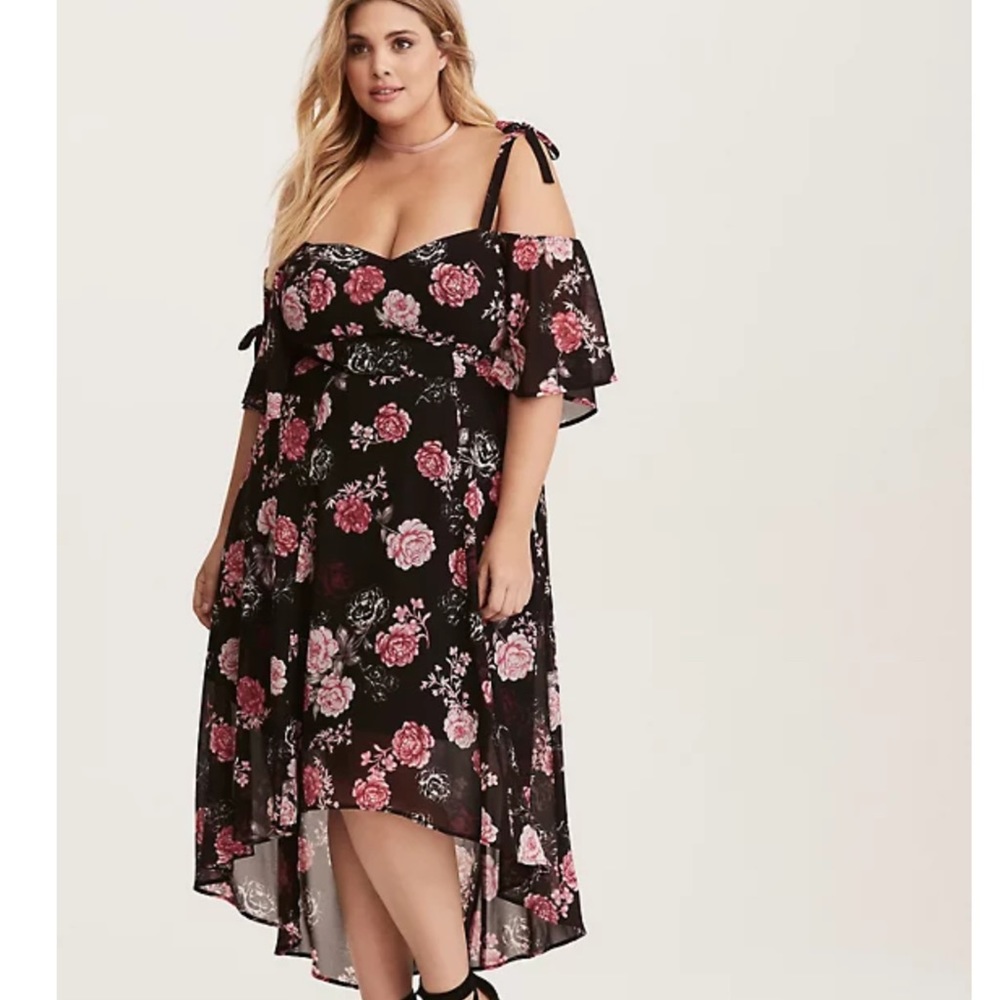 BLACK FLORAL HI-LO CHIFFON MIDI DRESS